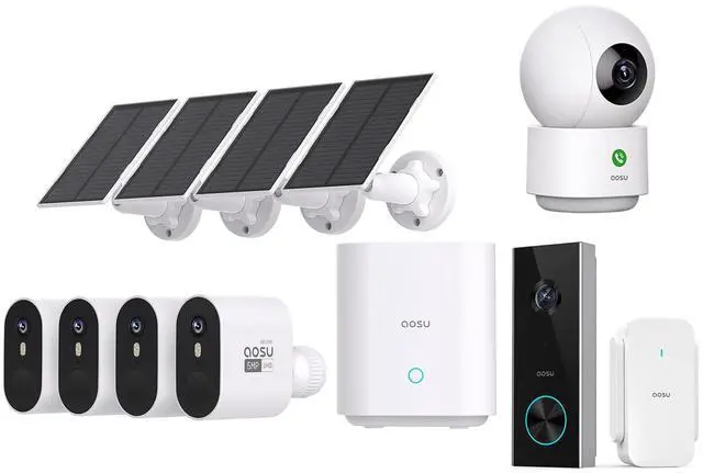 Main image of aosu 5MP SolarCam Max System 4-Cam-Kit + 3MP Doorbell Camera + 3MP Indoor Camera (aosuBase are not Compatible with Each Other, Independent)
