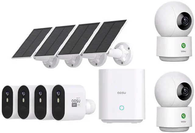 Main image of aosu 5MP SolarCam Max System 4-Cam-Kit + 4MP Indoor Camera 2Pack (Indoor Camera Doesn't Connect to Max's aosuBase)