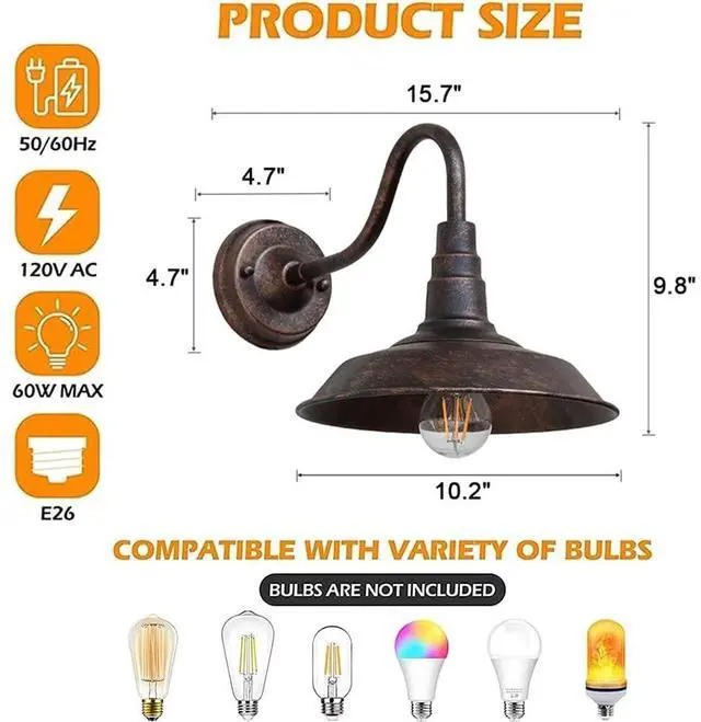 Alt view image 5 of 7 - Outdoor Wall Light, 9.8" Iron Art Gooseneck Wall Lanterns, E26 Retro Barn Lights, Indoor and Outdoor Wall Mounted Lighting Waterproof Wall Sconce Light, for Porch, Garage