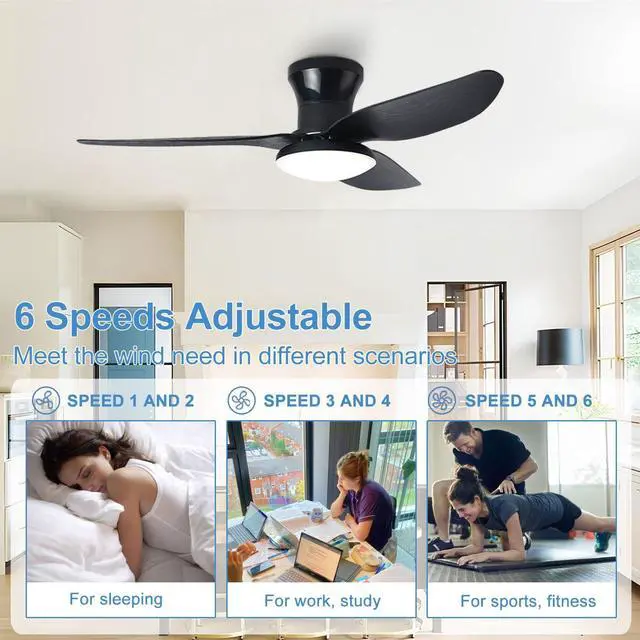 Alt view image 6 of 7 - 40 inch Ceiling Fan with Lights Flush Mount ceiling fan with light and remote Reversible 6 speeds Modern Ceiling Fan Mute Ceiling Fan with Lights for Bedroom Living Room Kids Room