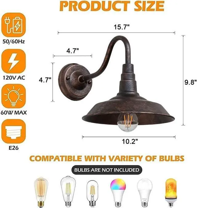 Alt view image 5 of 7 - 2-Pack Outdoor Gooseneck Barn Light 10" Retro Exterior Wall Light Iron Art Dome Farmhouse Wall Sconces Anti-Rust Waterproof Outdoor Light for House Porch Garage Entryway