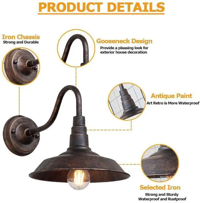 Alt view image 4 of 7 - Outdoor Wall Light, 9.8" Iron Art Gooseneck Wall Lanterns, E26 Retro Barn Lights, Indoor and Outdoor Wall Mounted Lighting Waterproof Wall Sconce Light, for Porch, Garage