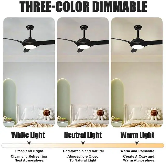 Alt view image 5 of 7 - 52 Inch Ceiling Fans with Lights and Remote Control, Large air volume Modern Indoor Ceiling Fans, 3 Blade Reversible DC motor, for Patio Living Room Bedroom Office Summer House