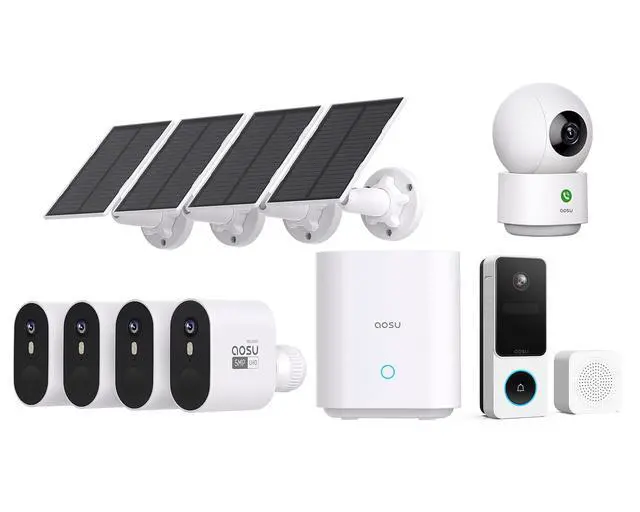 Main image of aosu 5MP SolarCam Max System 4-Cam-Kit + 3MP Indoor Camera + 3MP Doorbell Camera