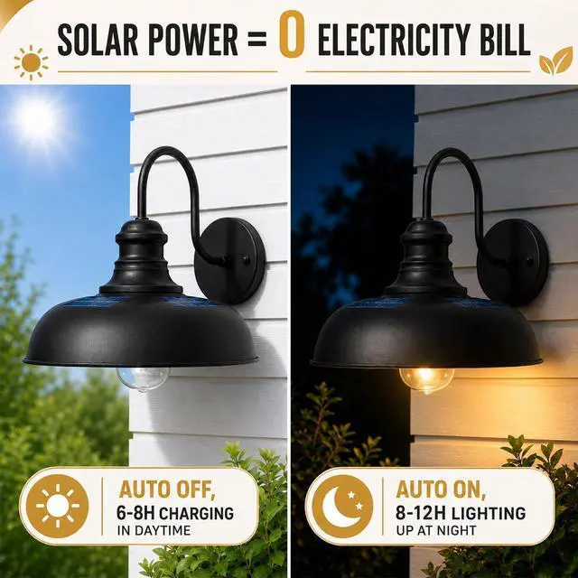 Alt view image 2 of 7 - Solar Barn Lights for Outside, Dusk to Dawn Gooseneck Wall Sconces | 12" Black Farmhouse Exterior Barn Lights, Waterproof Outdoor Wall Lights Solar Powered for Porch Garage Patio, 2 Pack