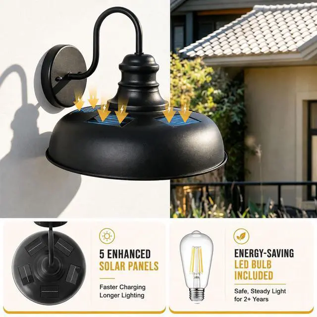 Alt view image 3 of 7 - Solar Barn Lights for Outside, Dusk to Dawn Gooseneck Wall Sconces | 12" Black Farmhouse Exterior Barn Lights, Waterproof Outdoor Wall Lights Solar Powered for Porch Garage Patio, 2 Pack