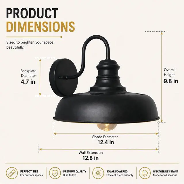 Alt view image 5 of 7 - Solar Barn Lights for Outside, Dusk to Dawn Gooseneck Wall Sconces | 12" Black Farmhouse Exterior Barn Lights, Waterproof Outdoor Wall Lights Solar Powered for Porch Garage Patio, 2 Pack