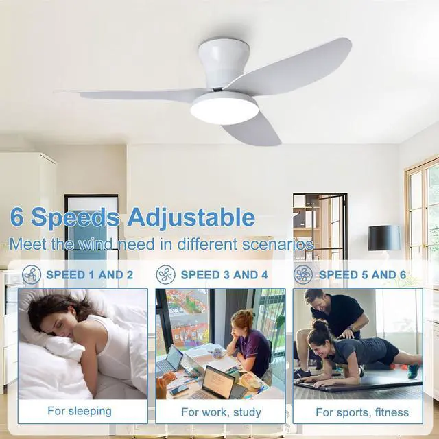 Alt view image 6 of 7 - 40 inch Ceiling Fan with Lights Flush Mount ceiling fan with light and remote Reversible 6 speeds Modern Ceiling Fan Mute Ceiling Fan with Lights for Bedroom Living Room Kids Room