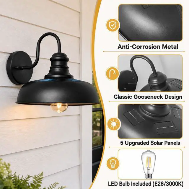 Alt view image 7 of 7 - Solar Barn Lights for Outside, Dusk to Dawn Gooseneck Wall Sconces | 12" Black Farmhouse Exterior Barn Lights, Waterproof Outdoor Wall Lights Solar Powered for Porch Garage Patio, 2 Pack