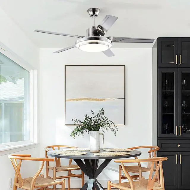 Alt view image 2 of 7 - Stainless steel Ceiling Fan with Lights and Remote 52 inch 5-Blade Ceiling Fans Reversible, 3CCT, Dimmable, Noiseless for Bedroom, Farmhouse, living room, Indoor/Outdoor Use
