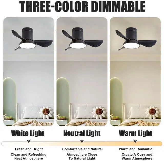 Alt view image 5 of 7 - 28 inch Small Flush Mount Ceiling Fans with Lights Remote Low Profile Modern Ceiling Fans with Lights, 3CCT, Reversible, 6 Speed, Noiseless, for Patio Kitchen Bedroom