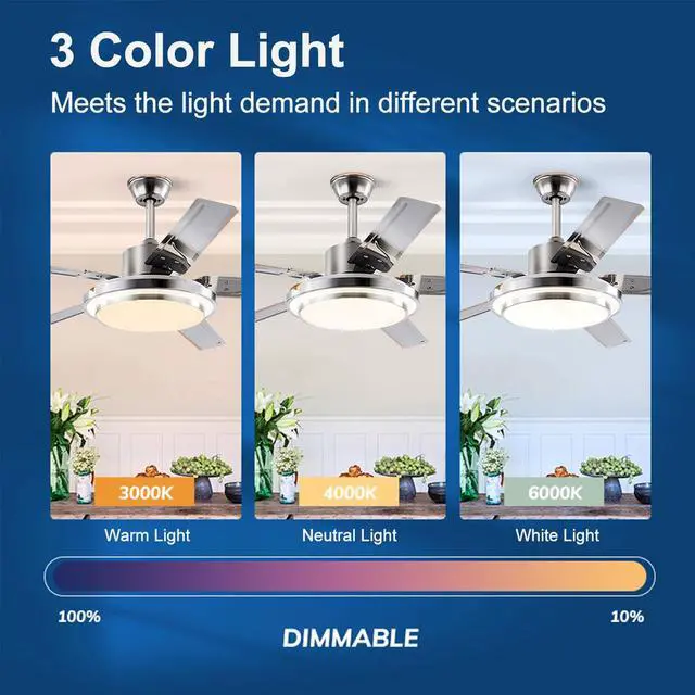 Alt view image 4 of 7 - Stainless steel Ceiling Fan with Lights and Remote 52 inch 5-Blade Ceiling Fans Reversible, 3CCT, Dimmable, Noiseless for Bedroom, Farmhouse, living room, Indoor/Outdoor Use