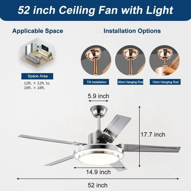 Alt view image 3 of 7 - Stainless steel Ceiling Fan with Lights and Remote 52 inch 5-Blade Ceiling Fans Reversible, 3CCT, Dimmable, Noiseless for Bedroom, Farmhouse, living room, Indoor/Outdoor Use