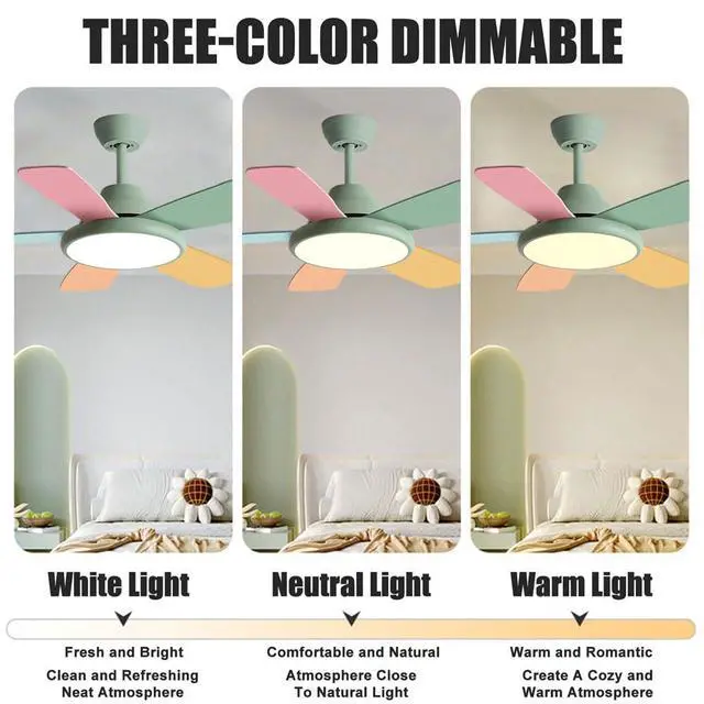 Alt view image 3 of 7 - 36 inch Ceiling Fans with Lights and Remote Modern Kids Room Ceiling Fans with Reversible DC Motor, 6 Speeds, 3 Colors, Noiseless for Indoor/Outdoor Bedroom Patio