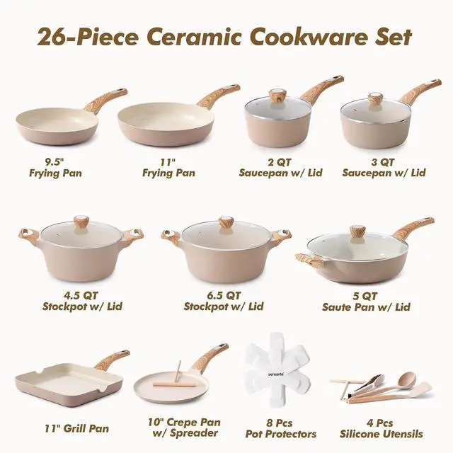Alt view image 2 of 7 - 26 Pcs Ceramic Cookware Sets,w/Frying Pans Set, Saucepans Set, 1.5 Quart Ceramic Nonstick Sauce Pan with Lid,Induction Pot, PFOA PTFE PFAS PFOA Free