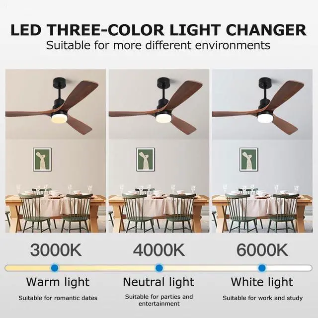 Alt view image 4 of 7 - Wood Ceiling Fan with Lights Industrial Retro 42 inch Ceiling Fan with Light and Remote 3 Color Dimmable, Reversible Mute Farmhouse Ceiling Fan Outdoor Ceiling Fans for patios with Light