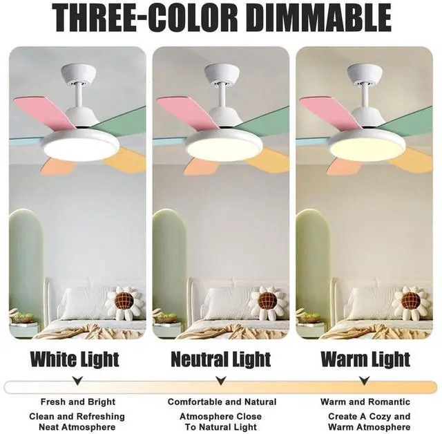 Alt view image 3 of 7 - 36 inch Ceiling Fans with Lights and Remote Modern Kids Room Ceiling Fans with Reversible DC Motor, 6 Speeds, 3 Colors, Noiseless for Indoor/Outdoor Bedroom Patio