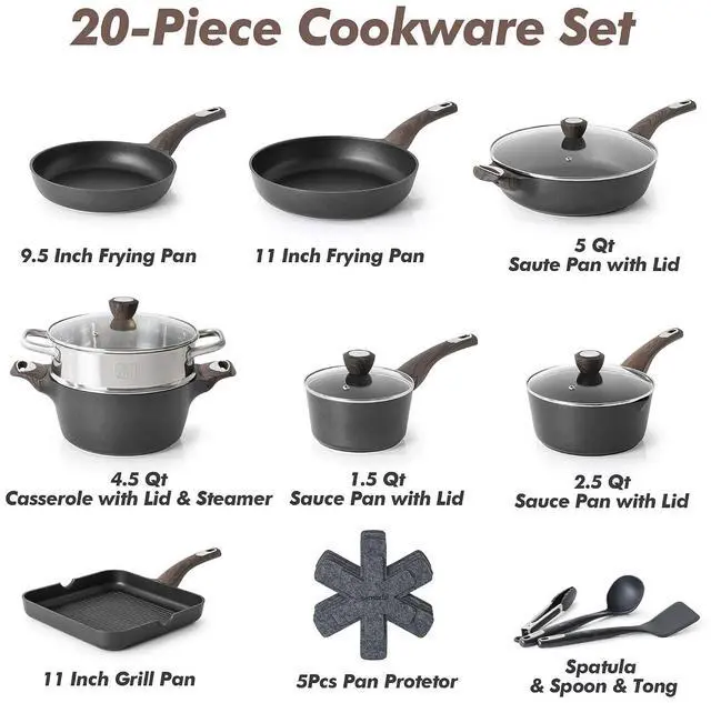 Alt view image 3 of 7 - Pots and Pans Set Nonstick, 20 Pcs Induction Cookware Sets, Non-toxic Healthy Non Stick Kitchen Cooking Set with Stay-Cool Handles, PFOA PFOS Free, Black