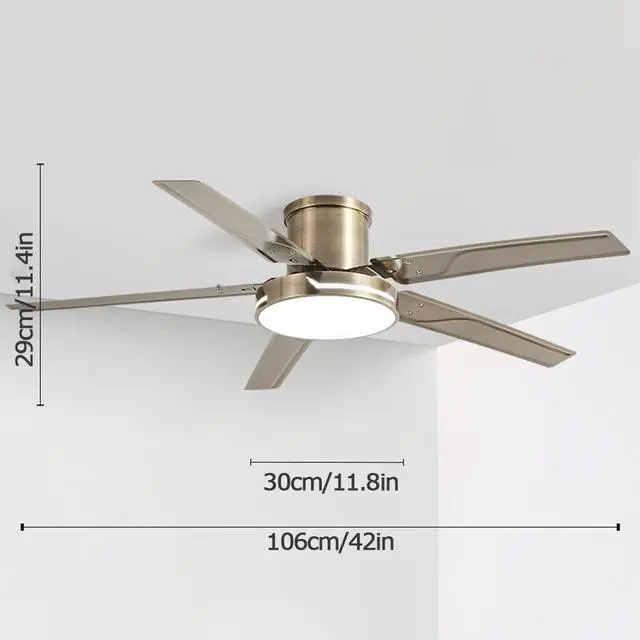 Alt view image 7 of 7 - Antique Ceiling Fan with Lights Stainless Steel Flush Mount Ceiling Fan 42 Inch Low Profile Remote Ceiling Fan Light LED Mute Ceiling Fans with Lights for Bedroom