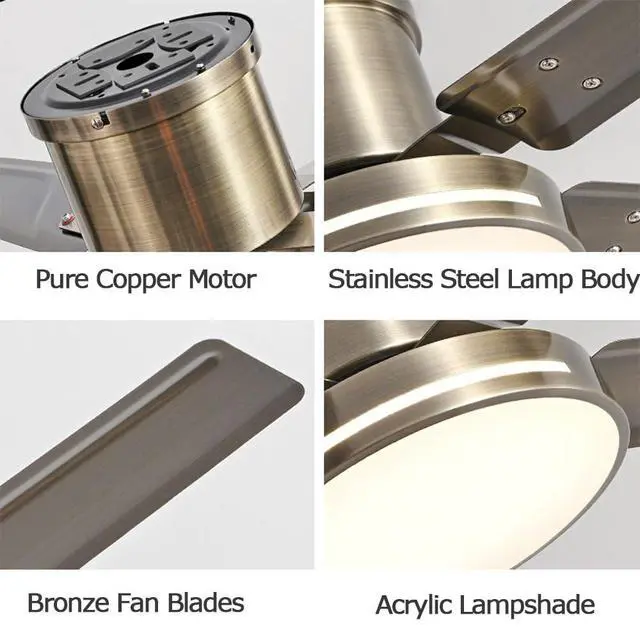 Alt view image 6 of 7 - Antique Ceiling Fan with Lights Stainless Steel Flush Mount Ceiling Fan 42 Inch Low Profile Remote Ceiling Fan Light LED Mute Ceiling Fans with Lights for Bedroom