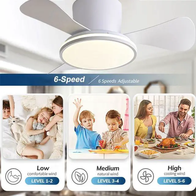 Alt view image 4 of 7 - 28 inch Ceiling Fan with Lights Modern Low Profile Flush Mount Ceiling Fan with Lights and Remote, Reversible Quiet DC Motor, 6 Speed, Dimmable, for Kitchen Bedroom Dining room Patio
