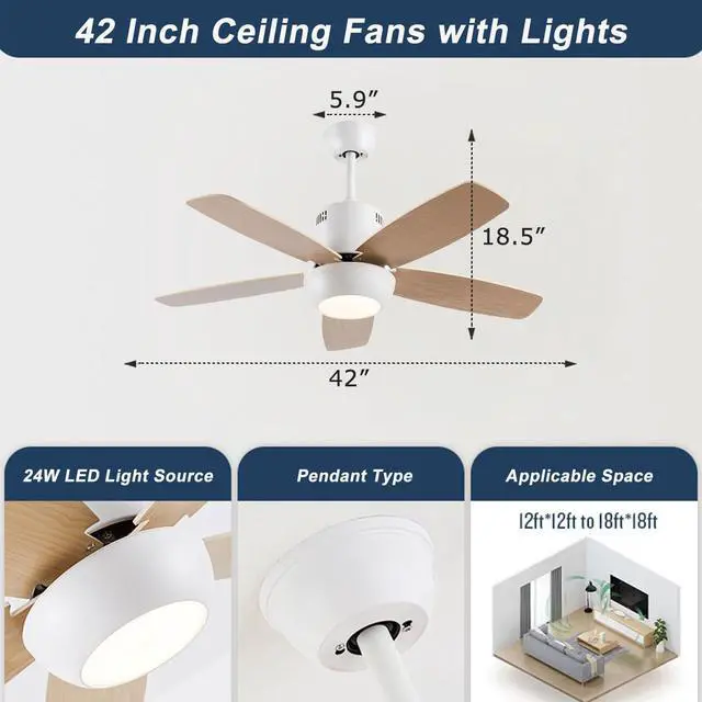 Alt view image 2 of 7 - Modern Ceiling Fan With Light and Remote 42 inch Indoor/Outdoor Ceiling Fans with Lights Reversible DC Motors, 3CCT Dimmable Timer Noiseless Ceiling Fans for Bedroom Living Room Patio