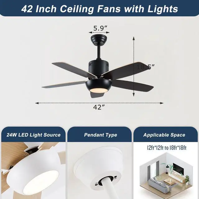 Alt view image 2 of 4 - Modern Ceiling Fan With Light and Remote 42 inch Indoor/Outdoor Ceiling Fans with Lights Reversible DC Motors, 3CCT Dimmable Timer Noiseless Ceiling Fans for Bedroom Living Room Patio