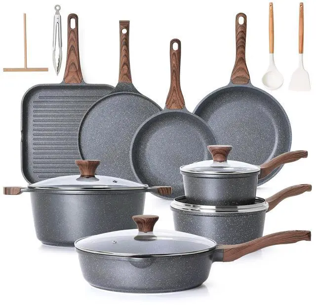 Main image of 23 PCS Nonstick Granite Cookware Set, PFOA/PFOS Free, Induction | Non Toxic Pots and Pans, Healthy Kitchen & Home Cooking Set with Stay-Cool Handles, Silicone Tools and Pot Protectors, Gray