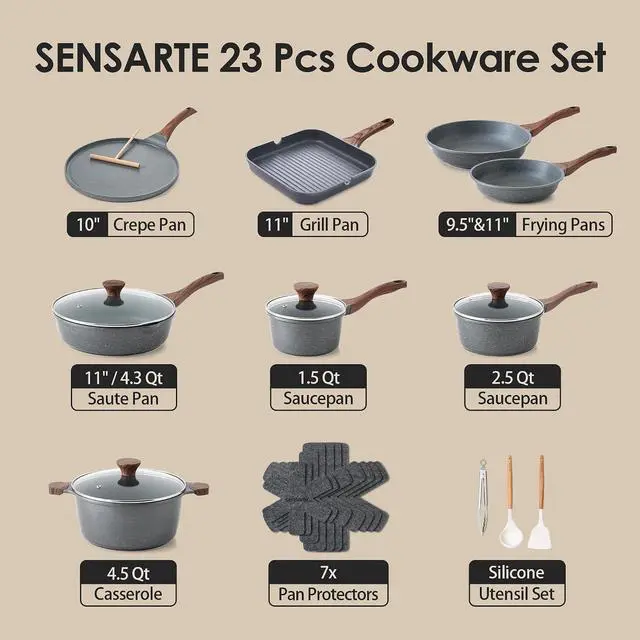 Alt view image 2 of 7 - 23 PCS Nonstick Granite Cookware Set, PFOA/PFOS Free, Induction | Non Toxic Pots and Pans, Healthy Kitchen & Home Cooking Set with Stay-Cool Handles, Silicone Tools and Pot Protectors, Gray