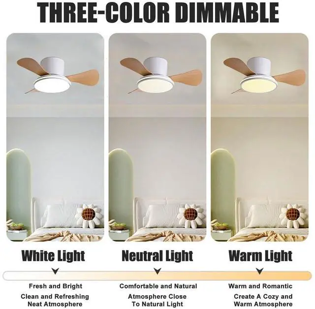 Alt view image 3 of 7 - 28 inch Ceiling Fan with Lights Modern Low Profile Flush Mount Ceiling Fan with Lights and Remote, Reversible Quiet DC Motor, 6 Speed, Dimmable, for Kitchen Bedroom Dining room Patio