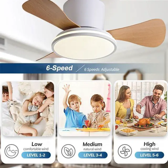Alt view image 4 of 7 - 28 inch Ceiling Fan with Lights Modern Low Profile Flush Mount Ceiling Fan with Lights and Remote, Reversible Quiet DC Motor, 6 Speed, Dimmable, for Kitchen Bedroom Dining room Patio