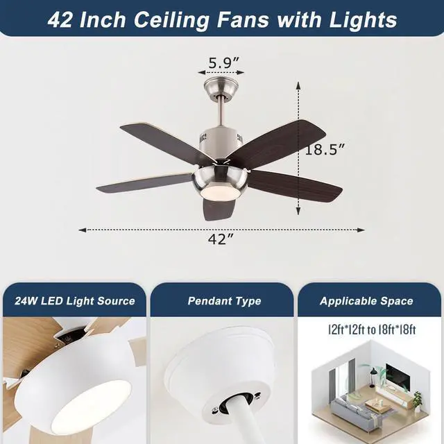 Alt view image 2 of 4 - Modern Ceiling Fan With Light and Remote 42 inch Indoor/Outdoor Ceiling Fans with Lights Reversible DC Motors, 3CCT Dimmable Timer Noiseless Ceiling Fans for Bedroom Living Room Patio