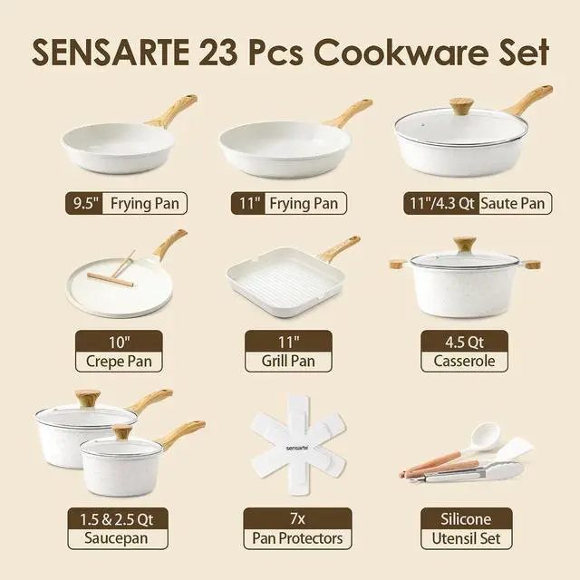 Alt view image 2 of 7 - 23 PCS Nonstick Ceramic Cookware Set, PFAS/PFOA Free, Induction | Non Toxic Pots and Pans, Healthy Kitchen & Home Cooking Set with Stay-Cool Handles, Silicone Tools and Pot Protectors, White