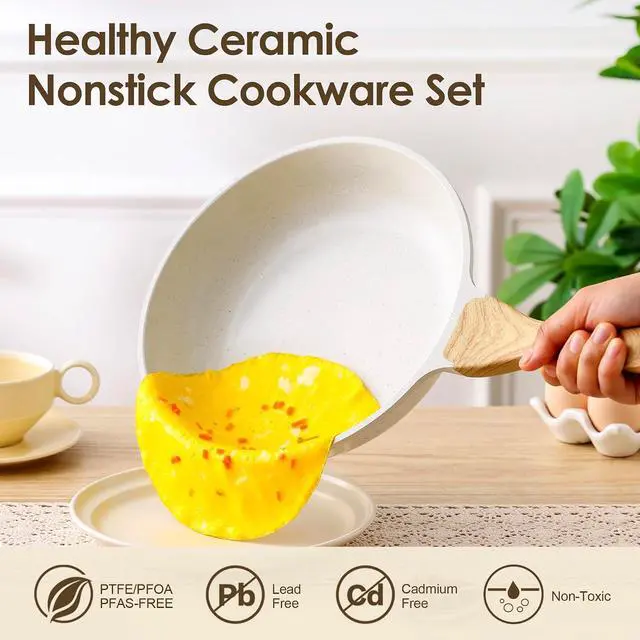 Alt view image 3 of 7 - 23 PCS Nonstick Ceramic Cookware Set, PFAS/PFOA Free, Induction | Non Toxic Pots and Pans, Healthy Kitchen & Home Cooking Set with Stay-Cool Handles, Silicone Tools and Pot Protectors, White