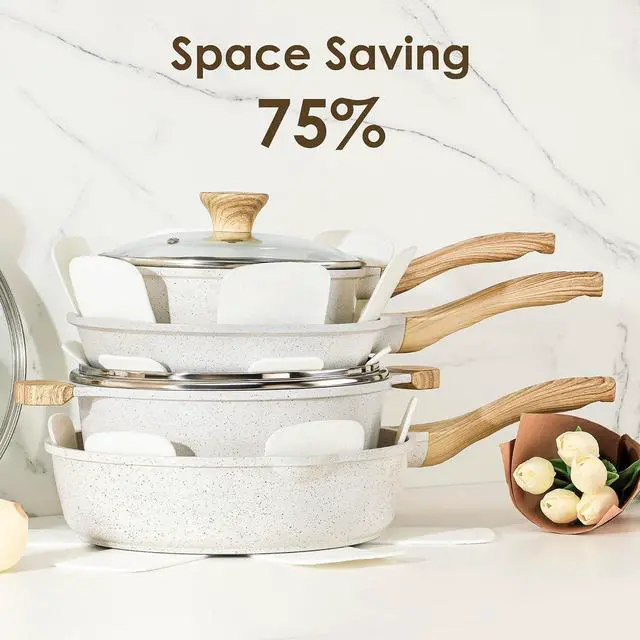 Alt view image 7 of 7 - 23 PCS Nonstick Ceramic Cookware Set, PFAS/PFOA Free, Induction | Non Toxic Pots and Pans, Healthy Kitchen & Home Cooking Set with Stay-Cool Handles, Silicone Tools and Pot Protectors, White