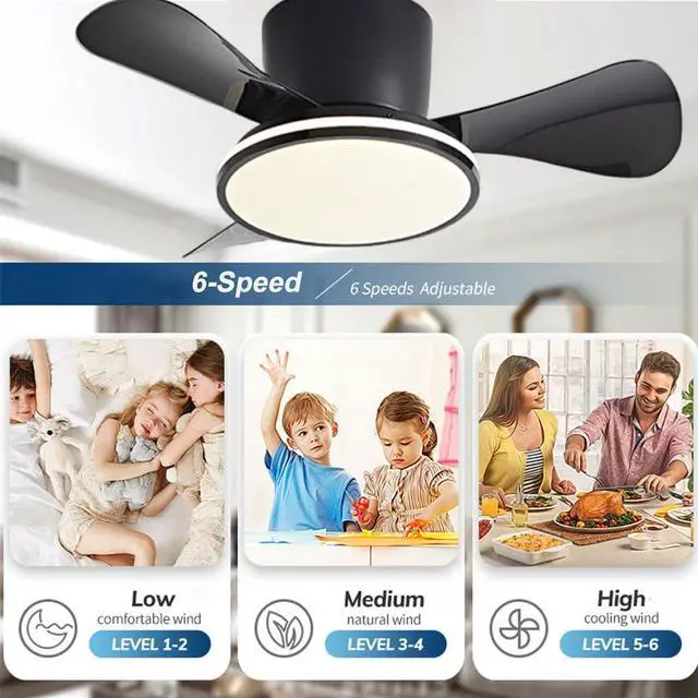 Alt view image 4 of 7 - 28 inch Ceiling Fan with Lights Modern Low Profile Flush Mount Ceiling Fan with Lights and Remote, Reversible Quiet DC Motor, 6 Speed, Dimmable, for Kitchen Bedroom Dining room Patio