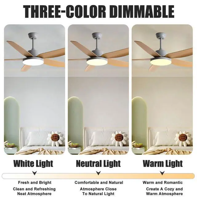 Alt view image 3 of 7 - 42 Inch Simple LED Ceiling Fan with Lights - 3 Color, 5-Blade, Flush Mount, Imitation Wood for Bedroom & Kitchen