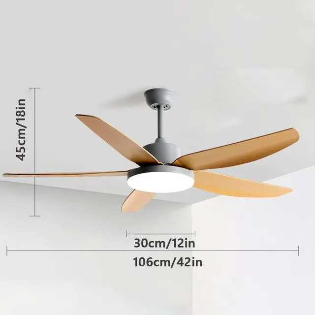 Alt view image 7 of 7 - 42 Inch Simple LED Ceiling Fan with Lights - 3 Color, 5-Blade, Flush Mount, Imitation Wood for Bedroom & Kitchen