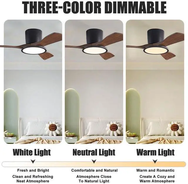 Alt view image 3 of 7 - 36 inch Ceiling Fan with Lights and Remote Small Flush Mount Indoor Ceiling Fans 6 Speed 3 Color Reversible Low Profile Ceiling Fans for Patio,Living Room,Indoor Office