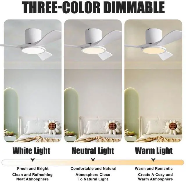 Alt view image 3 of 7 - 36 inch Ceiling Fan with Lights and Remote Small Flush Mount Indoor Ceiling Fans 6 Speed 3 Color Reversible Low Profile Ceiling Fans for Patio,Living Room,Indoor Office