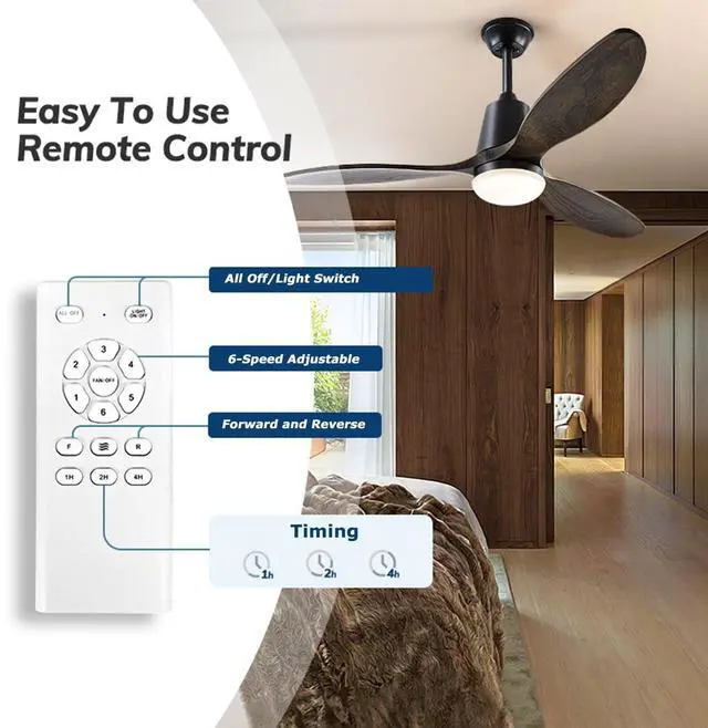 Alt view image 2 of 7 - 52 inch Ceiling Fan with Lights and Remote 3 Blade Wood Retro Ceiling Fan with Lights, 3CCT, 6 speed, 4h Timer smart ceiling fans, Black Ceiling Fan for Bedroom Living Room Indoor & Outdoor