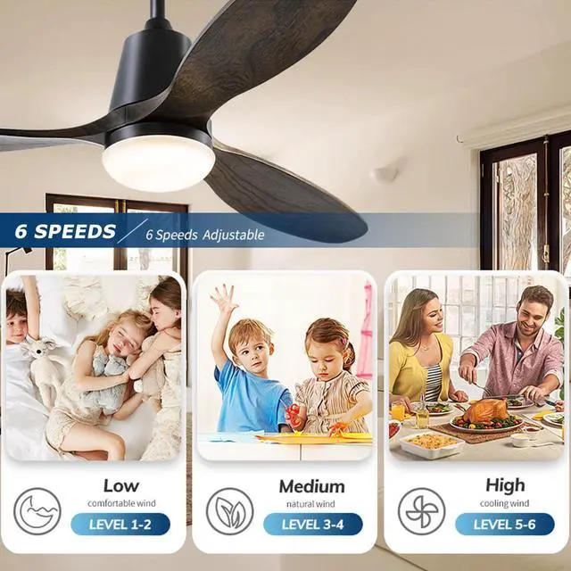 Alt view image 4 of 7 - 52 inch Ceiling Fan with Lights and Remote 3 Blade Wood Retro Ceiling Fan with Lights, 3CCT, 6 speed, 4h Timer smart ceiling fans, Black Ceiling Fan for Bedroom Living Room Indoor & Outdoor
