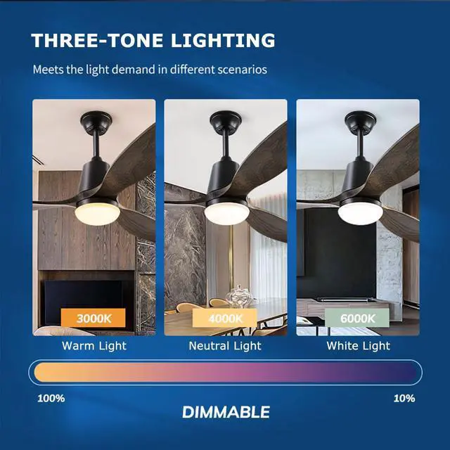 Alt view image 5 of 7 - 52 inch Ceiling Fan with Lights and Remote 3 Blade Wood Retro Ceiling Fan with Lights, 3CCT, 6 speed, 4h Timer smart ceiling fans, Black Ceiling Fan for Bedroom Living Room Indoor & Outdoor