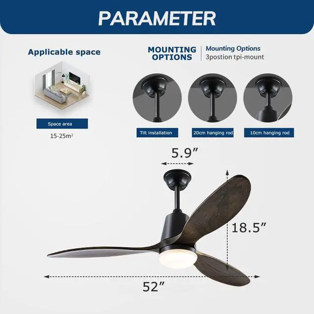 Alt view image 7 of 7 - 52 inch Ceiling Fan with Lights and Remote 3 Blade Wood Retro Ceiling Fan with Lights, 3CCT, 6 speed, 4h Timer smart ceiling fans, Black Ceiling Fan for Bedroom Living Room Indoor & Outdoor