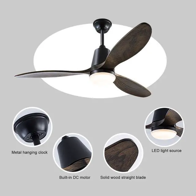 Alt view image 6 of 7 - 52 inch Ceiling Fan with Lights and Remote 3 Blade Wood Retro Ceiling Fan with Lights, 3CCT, 6 speed, 4h Timer smart ceiling fans, Black Ceiling Fan for Bedroom Living Room Indoor & Outdoor