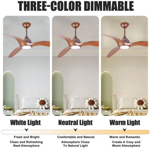 Alt view image 5 of 7 - 52 inch Retro Ceiling Fans with Lights, Modern Ceiling Fans with Lights and Remote, 6 Speed, Reversible, 3 Color Dimmable, Indoor Outdoor Ceiling Fan for Patio Bedroom Living Room Kitchen