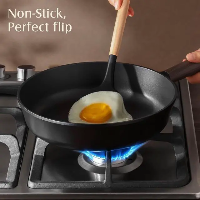 Alt view image 3 of 7 - 10" Non Stick Frying Pans Skillet with Lid, PFOA/PFOS Free | Non Toxic Healthy Chef's Pan for Eggs, Works as Small Wok for Cooking, Kitchen & Home Essentials, Induction Compatible, Black