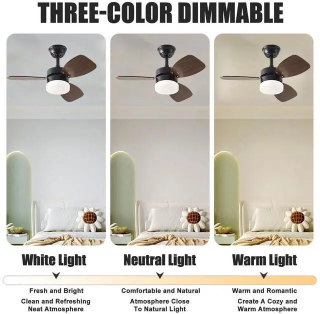 Alt view image 3 of 7 - 30 inch Ceiling Fan with Lights Ceiling Fans with Lights Remote 3 Speed 3 Color Noiseless Indoor Ceiling Fans 3-Blade Ceiling-Mounted Ceiling Fans for Bedroom Living Room Kids Room