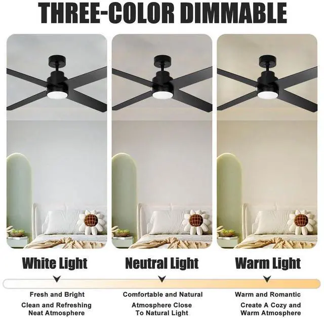 Alt view image 4 of 7 - 52 inch Large Air Volume Ceiling Fans with Lights, Ceiling Fan With Lights and Remote, Reversible Quiet DC Motor, 3CCT, 6 Speed, Black Ceiling Fan for Bedroom Living Room Indoor/Outdoor