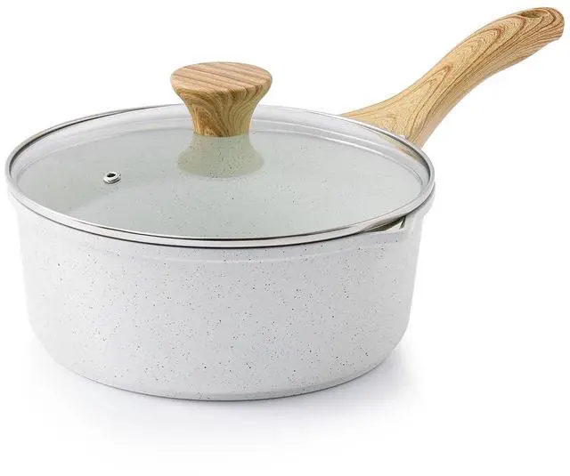 Main image of White Ceramic Nonstick Saucepan with Double Spout 3.0 Quarts, Cooking Pot with Stay Cool Handle, Induction Compatible Saucepot, White Granite Coating, Free of Intentionally Added PFOA/PFAS